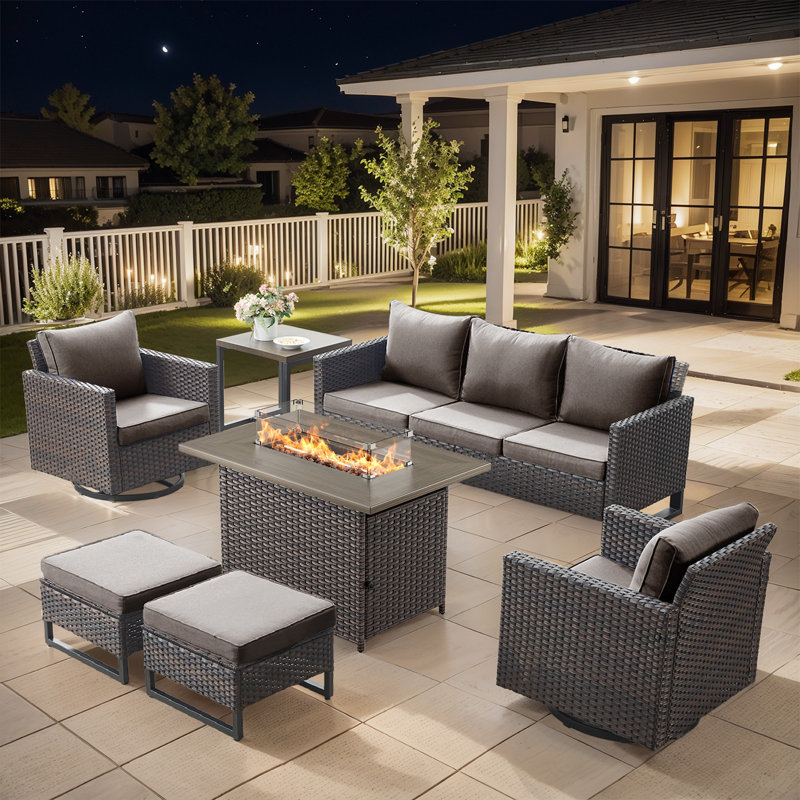 Naresa 7-Piece Outdoor Sofa Set, Wicker Patio Furniture Set With Fire Pit Table, All-Weather PE Wicker