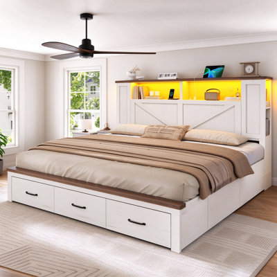 King Wood Bed Frame with Storage Bookcase Headboard & Side Shelves, LED Lights & Charging Station, Farmhouse Metal Platform Bed with 7 Footboard Drawers, White Brown