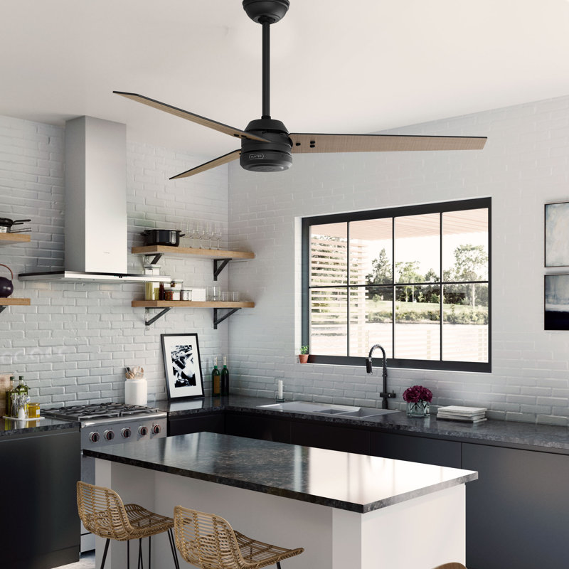 Hunter 60 inch Cassius ENERGY STAR® Damp Rated Ceiling Fan wtih Wall Control, Matte Black with Walnut Stripe Blades