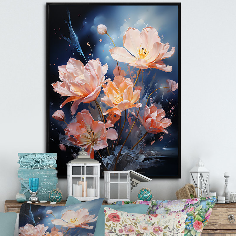 «Tulipes beiges» sur toile imprimée, Cadre flottant noir, 40" H x 30" W