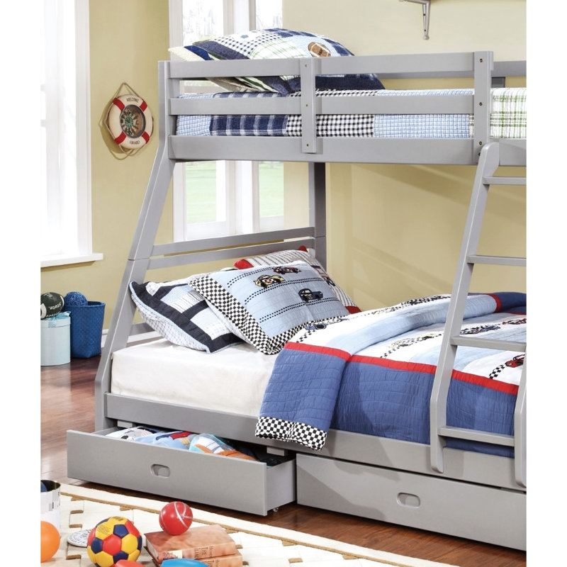 Solid Wood Transitional Twin Over Full Bunk Bed With Grey Finish, Two Drawers For Storage, Attached And 10 Pc. Slats Joint Rails Structure In Frame, Large Secure Slat Design