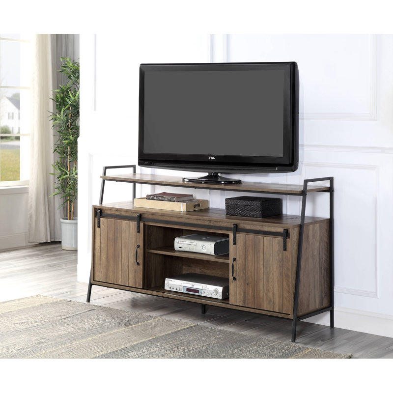 Meuble télé Comesha avec portes de grange coulissantes et rangement ouvert