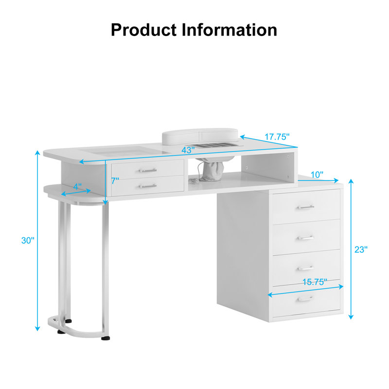 Manicure Nail Table For Nail Tech With Visible Display Desktop, Nail Workstation With Dust Collector, Wrist Cushion And 4 Large Drawers, White/Black