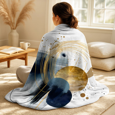 Landscape Of Dark Blue And Gold Strokes III - Abstract Geometric Throw Blanket And Pillow Set