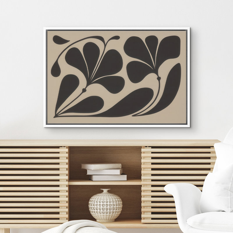 «Mid Century Modern Organic Leaf Form Abstract Art encadrée», H 24 po x l 36 po, Noir, Blanc