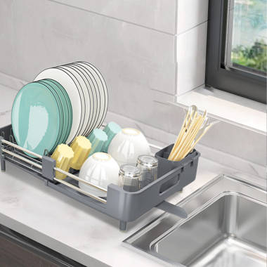 Dish Drying Rack, Kitchen Dish Drainer Rack, Expandable(13.2-19.7)  Stainless Steel Sink Organizer Dish Rack and Drainboard Set with Utensil  Holder