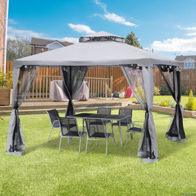 9.6' X 9.6' Patio Gazebo, Outdoor Canopy Shelter With 2-Tier Roof And Netting, Steel Frame For Garden, Lawn, Backyard, And Deck