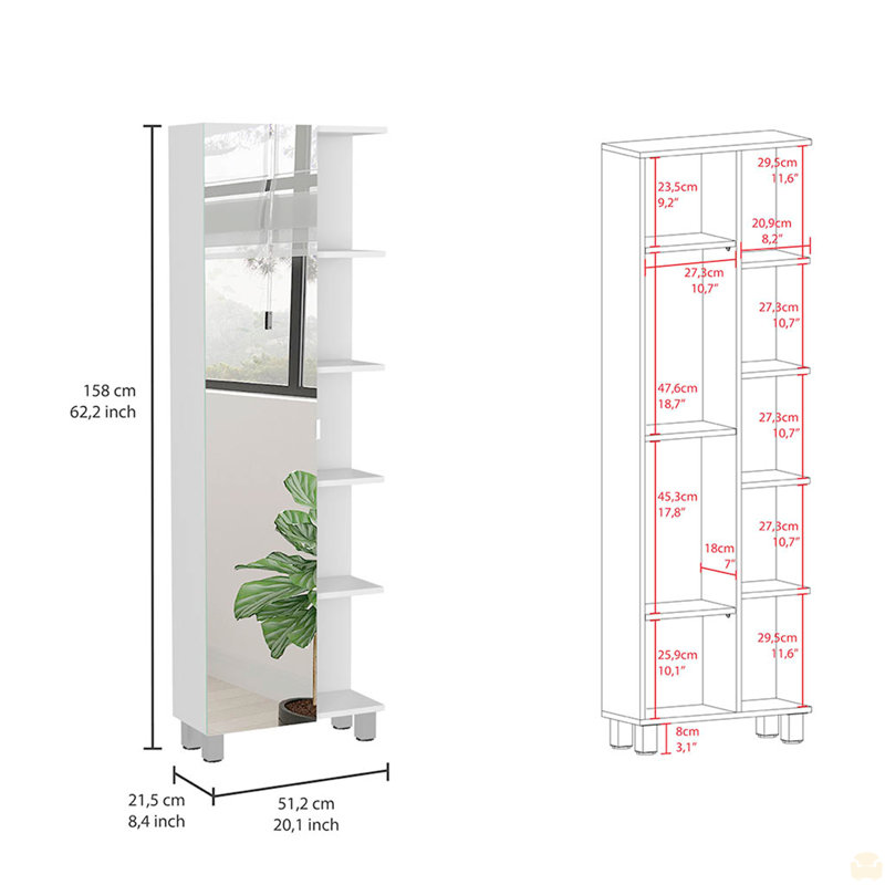 Mirror Linen Cabinet, Four Interior  Shelves, Five External Shelves