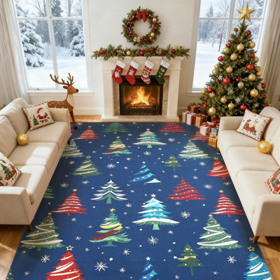 Tapis de Noël 9 x 12 avec motif d'arbre de Noël, tapis lavable et antidérapant pour salon, bleu