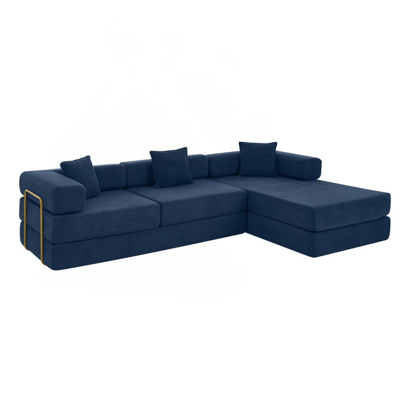 Canapé modulaire modulaire avec méridienne en L et sans assemblage, Velours côtelé bleu, Bleu