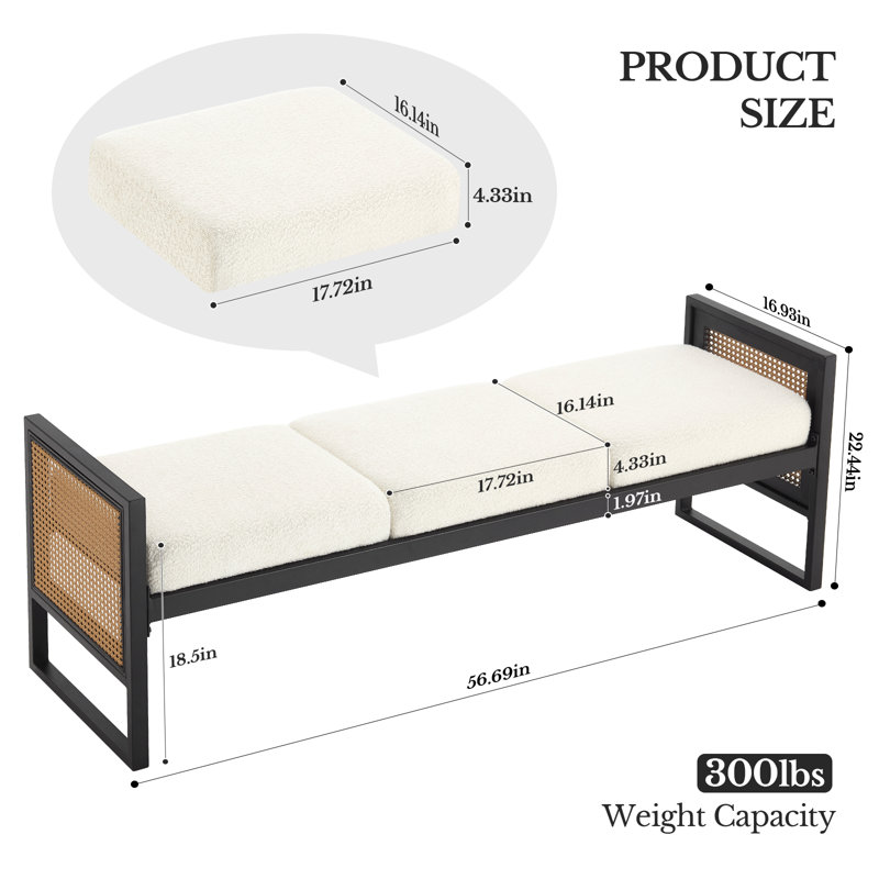 Banc rembourré 56,7 po avec accoudoirs décoratifs en rotin PE Boucle, Blanc
