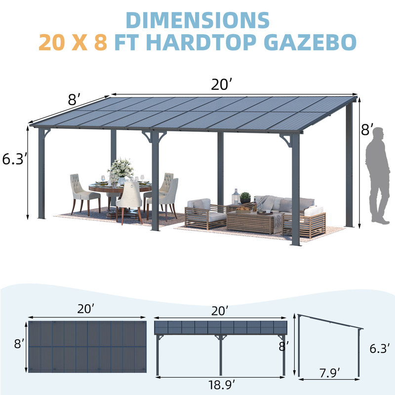 Aluminum Pergola with Canopy, Black, 20 ft x 8 ft