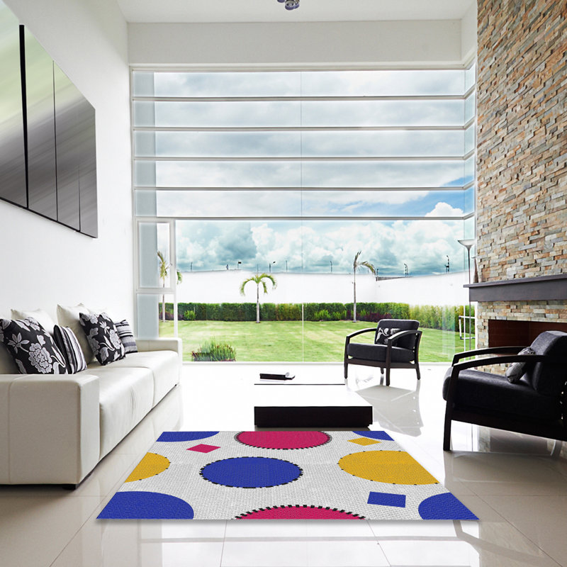 Tapis bleu/rouge/jaune à motifs, Carré 5 pi