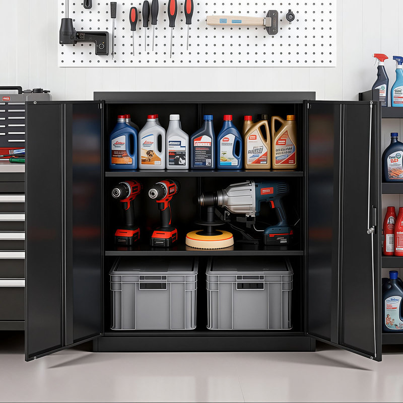 Metal Storage Cabinet, 41.7 in Steel Garage Cabinet with 2 Adjustable Shelves, 2 Magnetic Doors & 2 Keys, 3 Tiers Lockable Tool Storage for Pantry, Warehouse, Basement, Office, Black