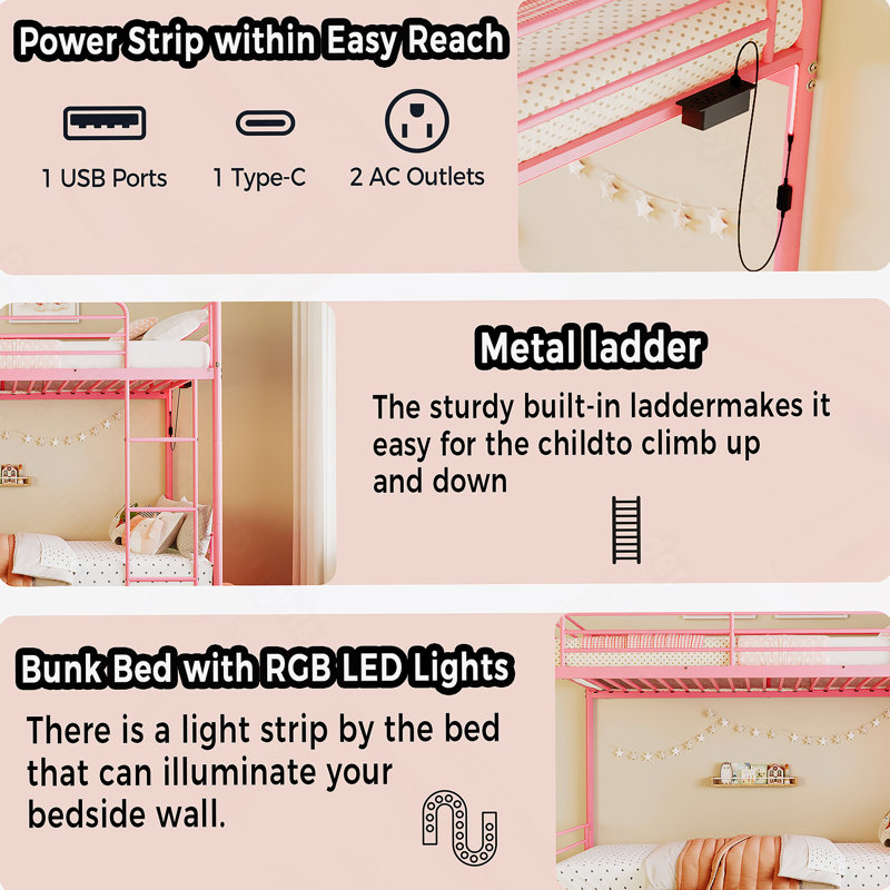 Bunk Bed With USB Charging Station, Able To Split, Metal Bunk Bed, Storage Space, Bed With Safety Guardrail & Ladders, No Box Spring Needed,Pink