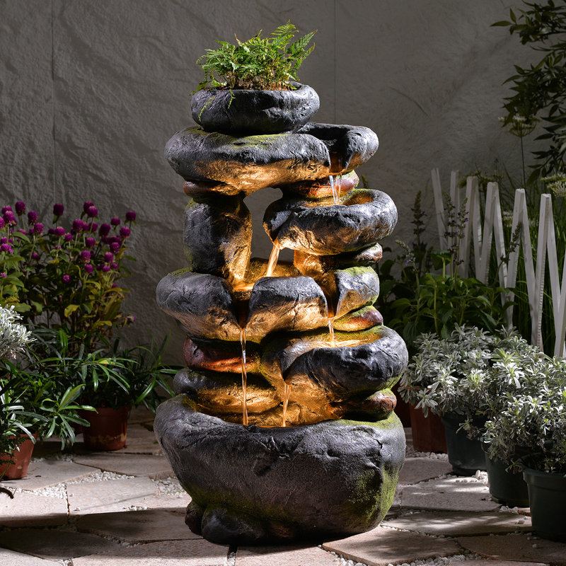 5-tier Cascading Rock Water Fountain Outdoor, 29.5''tall Outside Fountains And Waterfalls With Lights For Garden, Patio, Yard, Deck Home Decor With Natural Stone Look