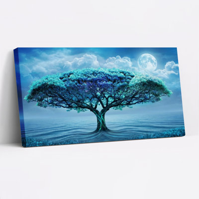 Ensemble de 1 tableau sur toile tendue représentant un arbre bleu, la lune et le ciel