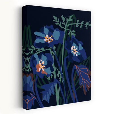 Fleurs bleues profondes abstraites, délicates et élégantes, impression murale sur le thème de la nature