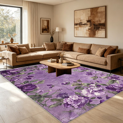 Tapis mauve à motif floral rétro pour le salon, doux et confortable, adapté à toutes les saisons, facile à entretenir, tapis de sol intérieur lavable à la machine, sous la table de ferme convenant à la chambre à coucher, à la salle à manger, au bureau, au balcon, au patio