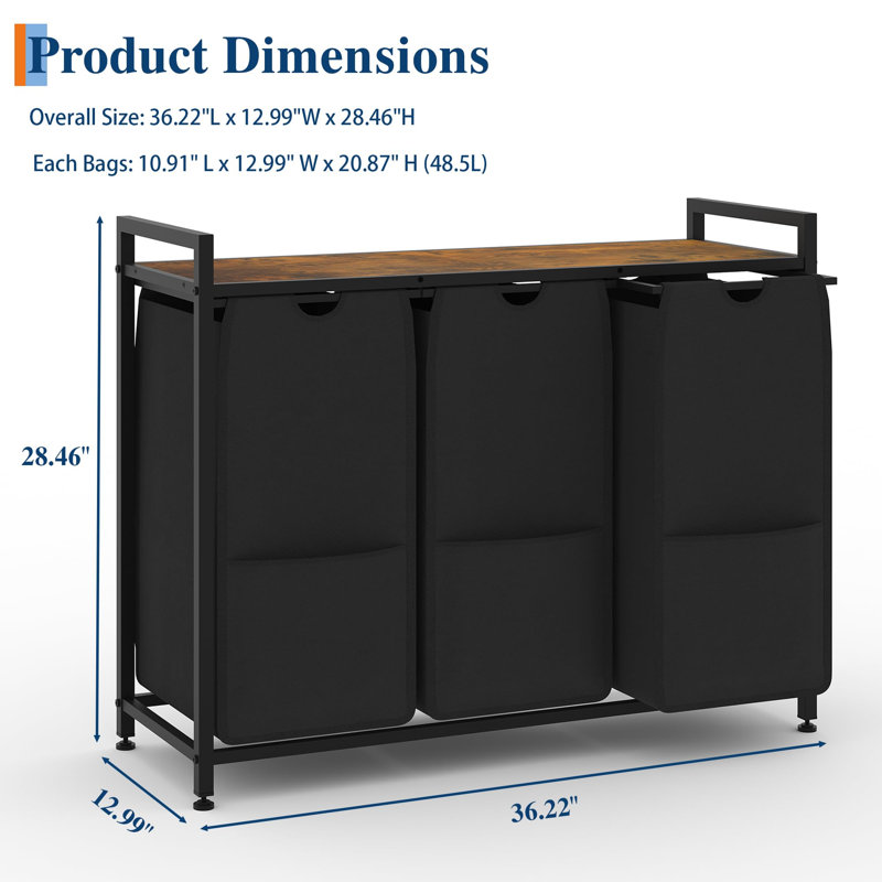 Panier à linge 145,5 L à 3 sections, panier à linge avec tablette et 3 sacs amovibles, organisateur de vêtements sales pour la salle de bain, 3 x 12,8 gallons (48,5 L), brun rustique + noir