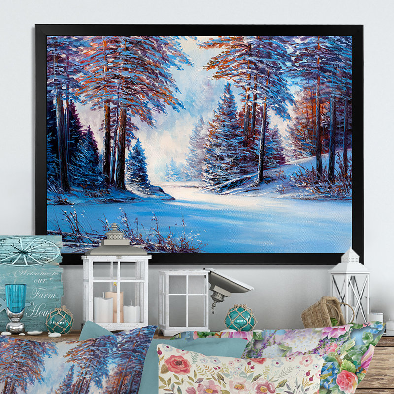 «River In Sunset Winter Forest», reproduction sur toile flottante, H 8 po x l 12 po x P 1 po, Cadre noir