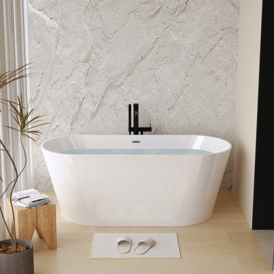 59" Acrylic Freestanding Bathtub, Stand Alone Soaking Tub, Glossy Black Acrylic, Toe-tap Chrome Drain