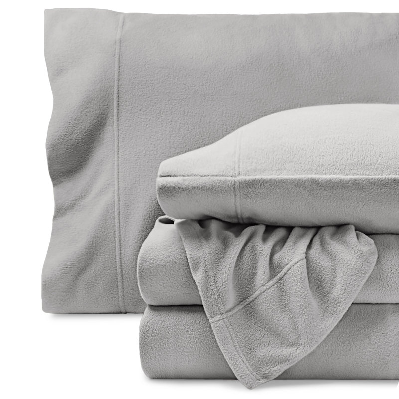 Premium Ultra Soft Polar Fleece Sheet Set, Light Grey, Queen With 2 Pillowcase