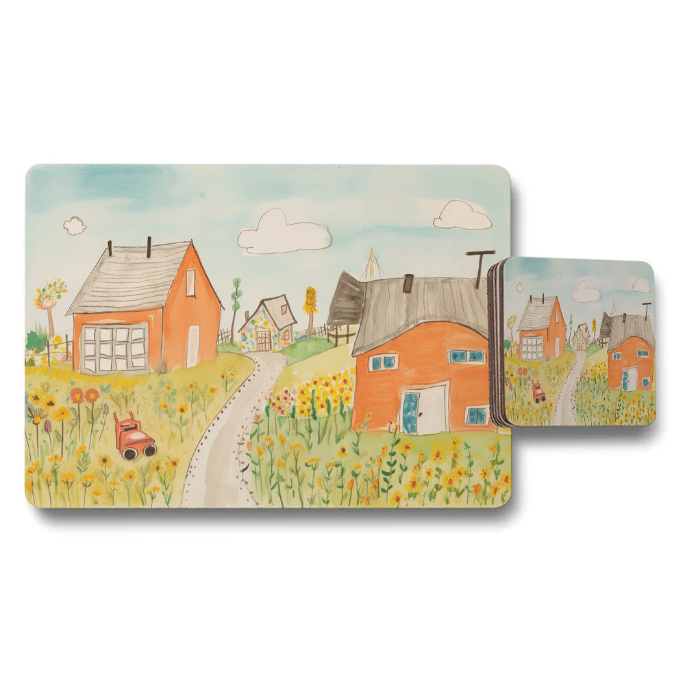 Village Cottage Landscape Placemat And Coaster Set Collection