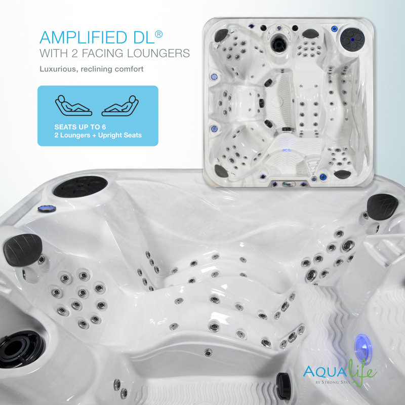 Amplified™ 6-Person 100-Jet Double-Lounger Hot Tub Spa with Bluetooth Stereo, 3 Pumps, LED Lighting, Stainless Steel Heater and Ozonator, Insulated Cover and Steps Included