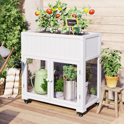 Wood Elevated Planter, Raised Garden Bed with Liner, Mini Greenhouse with Removable Wheels