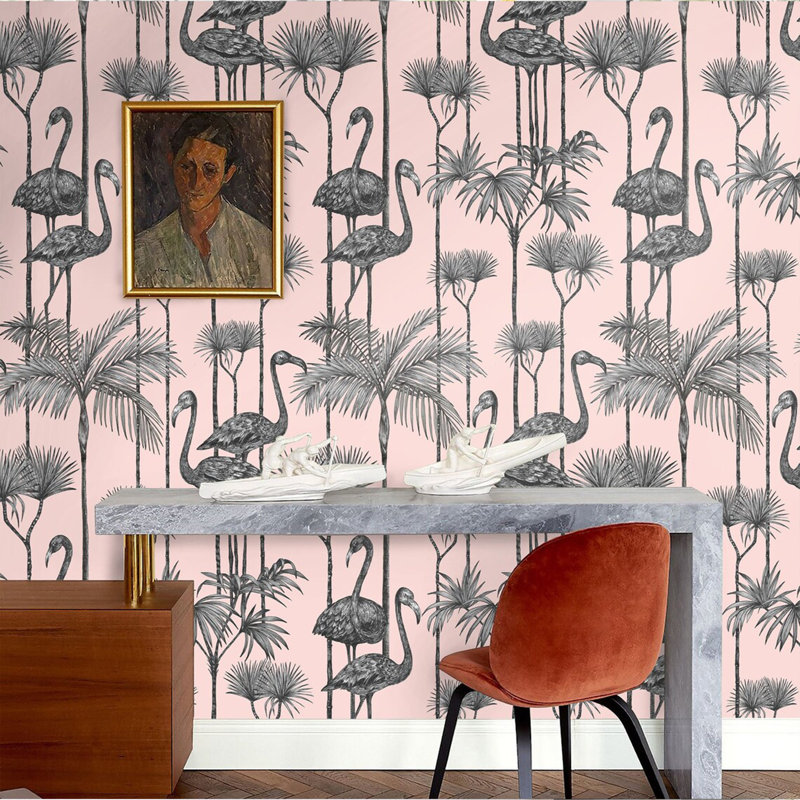Papier peint flamant rose sur fond gris