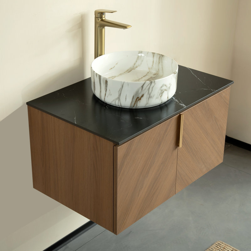 Meuble-lavabo flottant avec lavabo vasque, Rond, 30", Blanc / céramique grise