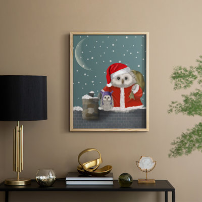 «Christmas Santa Owl», reproduction encadrée - bois massif