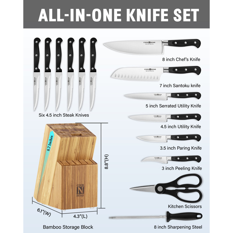 Ensemble de couteaux de cuisine en bambou Cook N Home Basics avec couteaux, lame en acier inoxydable à haute teneur en carbone, 15 pièces, noir