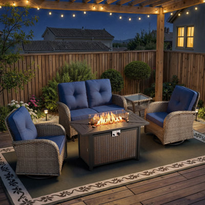 5-Piece Outdoor Patio Wicker Relaxed Gliding Loveseat Set With Swivel Chairs And Fire Pit Table