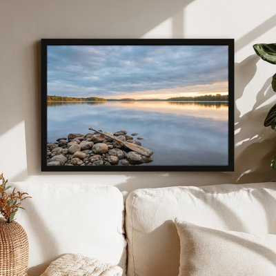 Toile noire encadrée en bois noir pour salon, chambre à coucher, bureau ou vestibule - décoration murale décorative avec coucher de soleil sur le lac