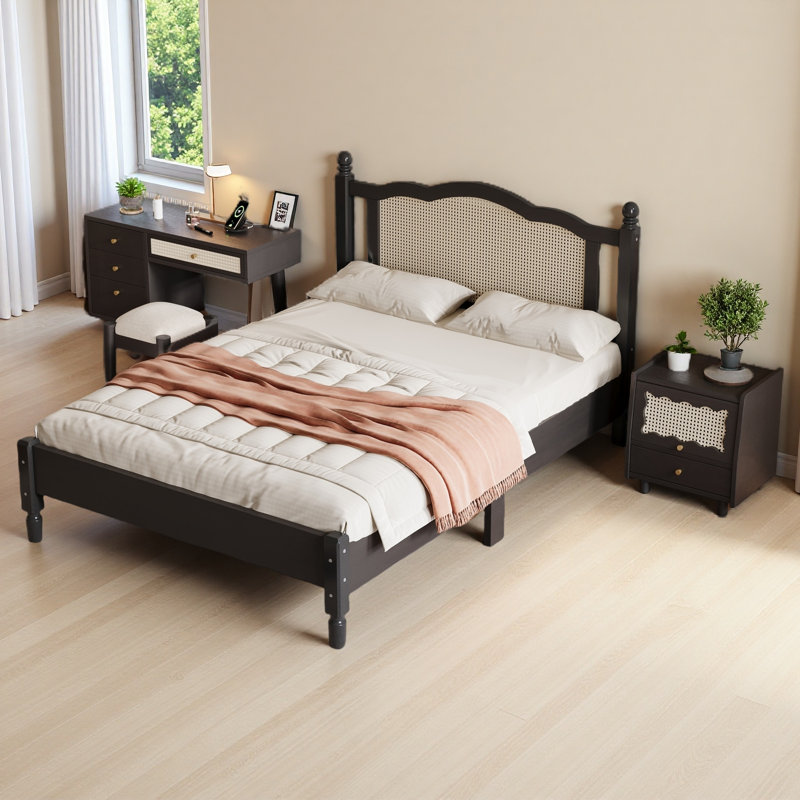 Ensemble de chambre à coucher 3 pièces avec cadre de lit en bois pleine grandeur, 1 table de chevet rétro et 1 coiffeuse de maquillage avec tabouret