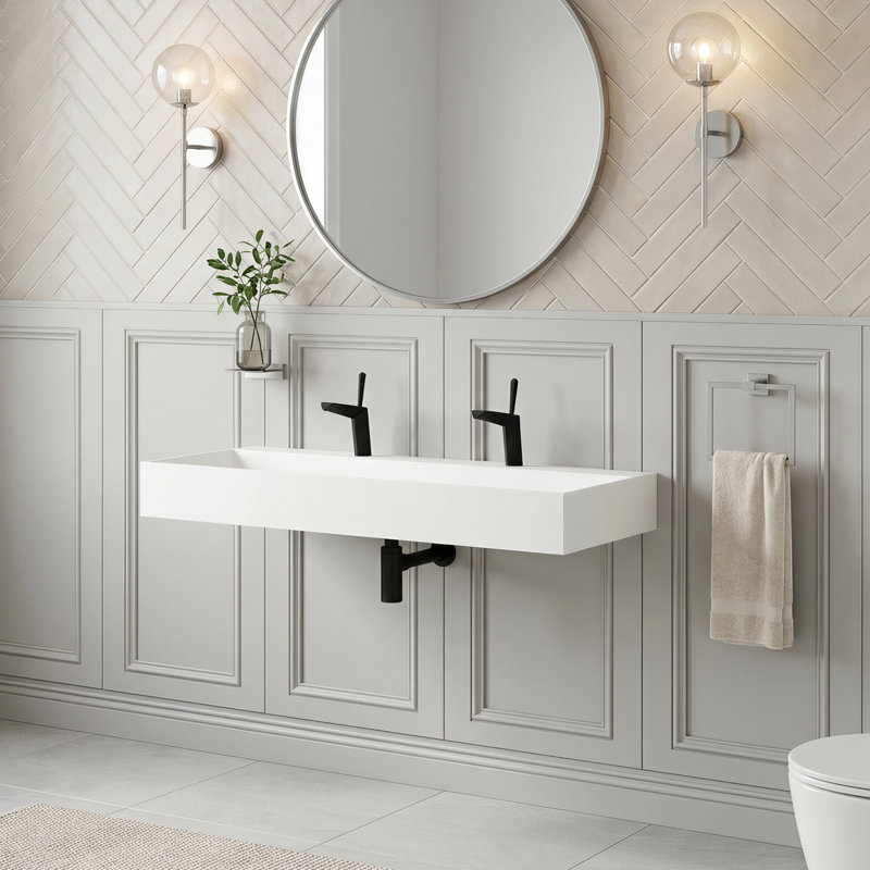 Lavabo de salle de bain mural rectangulaire 48 po avec trou pour robinet, L 48 po x l 17,99 po x H 5,51 po, 2