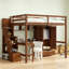 Lit mezzanine double avec bureau, bibliothèques et garde-robe, escalier intégré avec rangement, garde-corps de sécurité et lattes solides-659458373