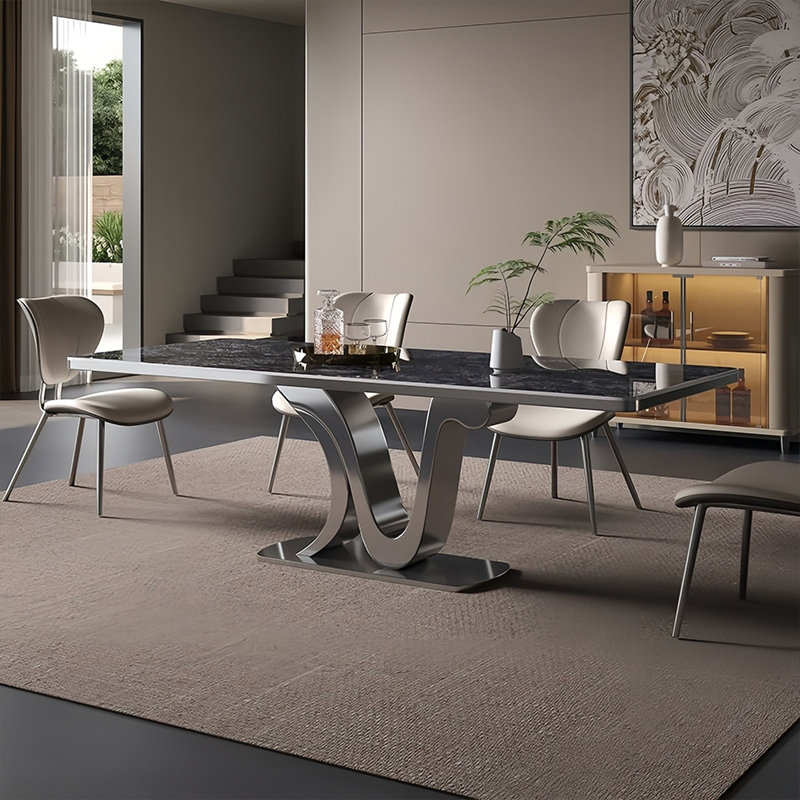 Luxury Rectangular Rock Slab Dining Table Sets, 29.5"H x 70.8"L x 35.4"W