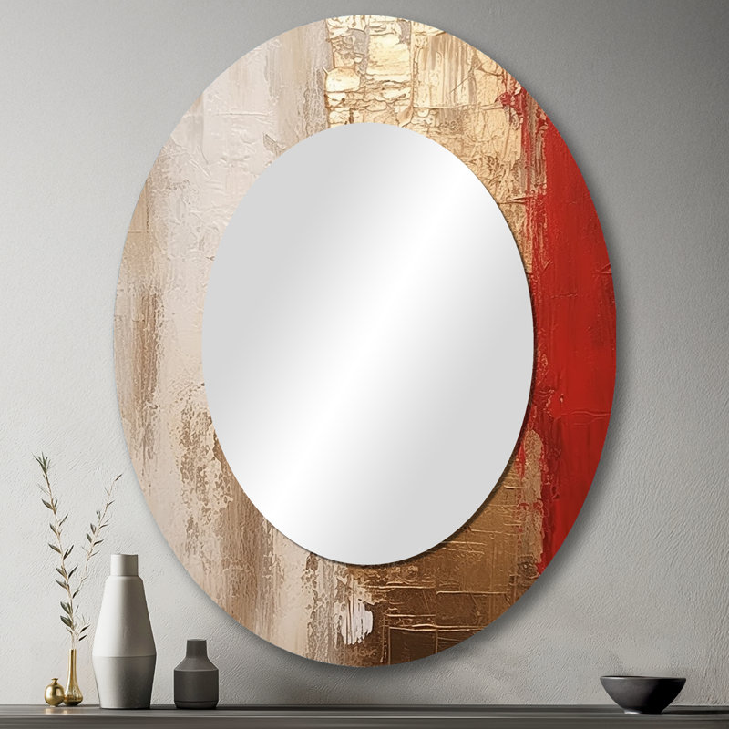 Pleine lune rédempte abstraite or et rouge I - miroir mural ovale doré, 43 po x 33 po