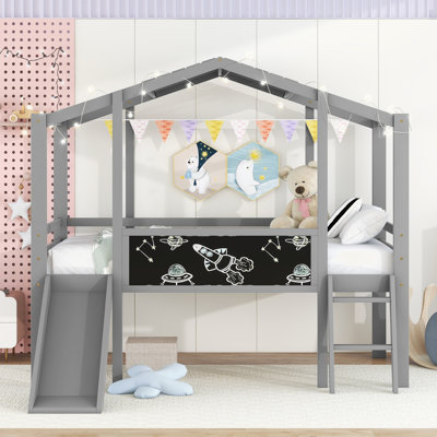 Crone Kids Twin House Loft Bed with Lights, Blackboard and Slides