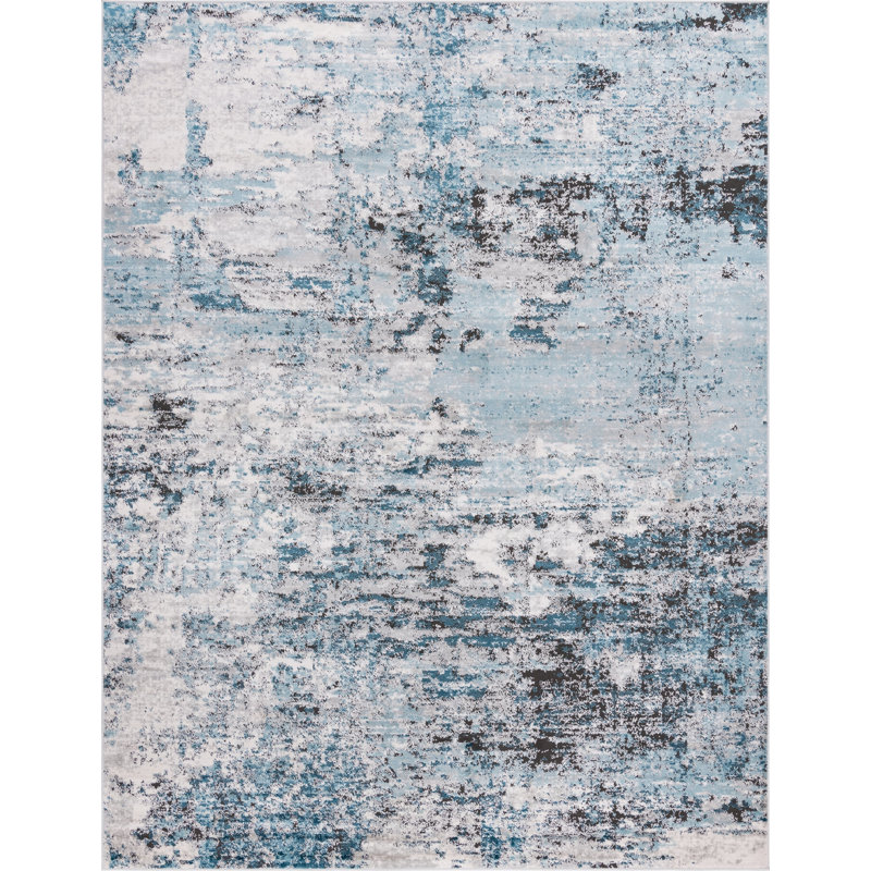 Tapis abstrait en polypropylène bleu / brun / gris tissé à la machine, Rectangle 9 pi x 12 pi