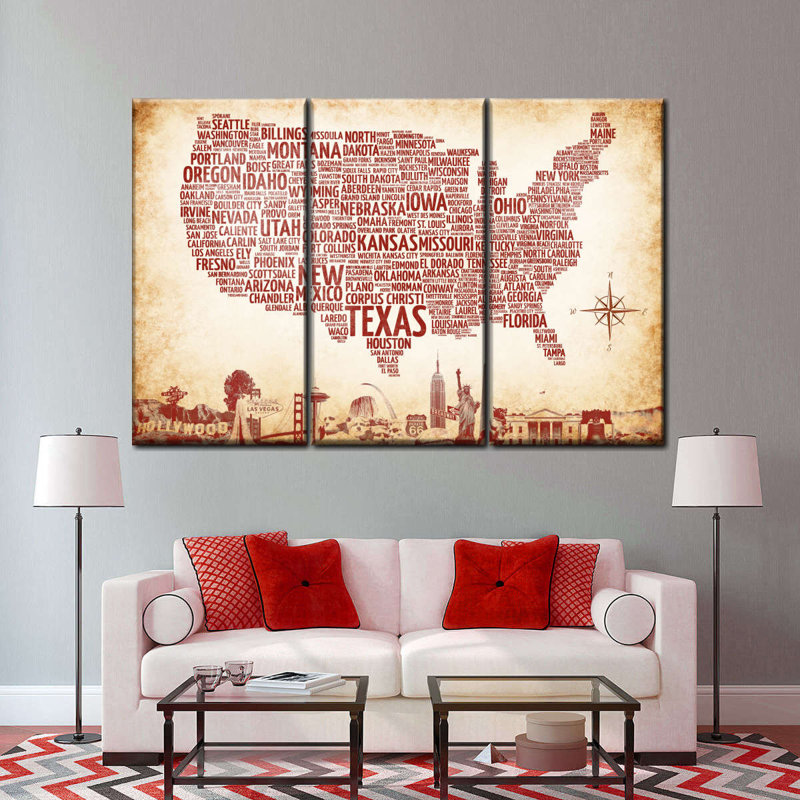 «USA Map Rustic USA Map», reproduction sur toile 3 pièces par Echoes Of America, H 24 po x l 38 po x P 1,25 po