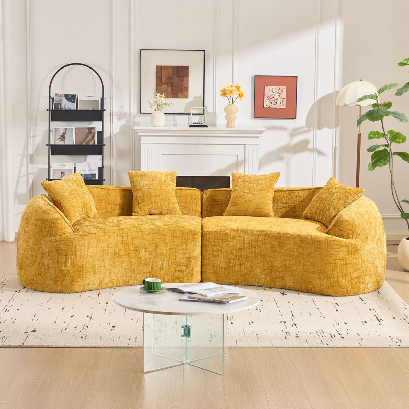 Canapé modulaire en chenille avec 4 coussins et siège moelleux, Chenille jaune