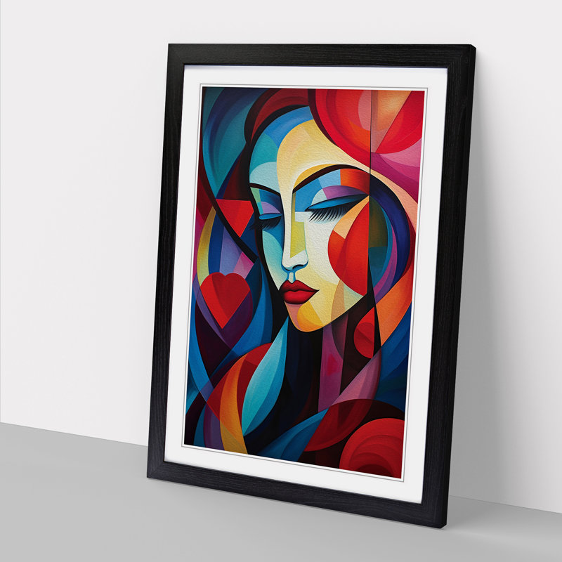Love Heart Cubism - Single Picture Frame Print on Wood, 34cm H x 25cm W x 2cm D, Black Framed