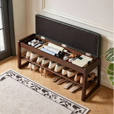 Élégant banc à chaussures en bois avec coussin en cuir végétalien, solution de rangement double pour le salon et le salon