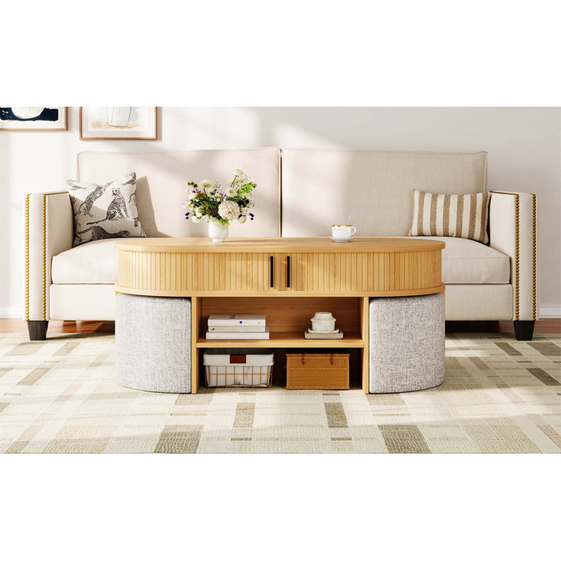 Table basse multifonctionnelle ovale avec rangement et 4 tabourets en tissu, parfaite pour les espaces de vie compacts et l'utilisation familiale
