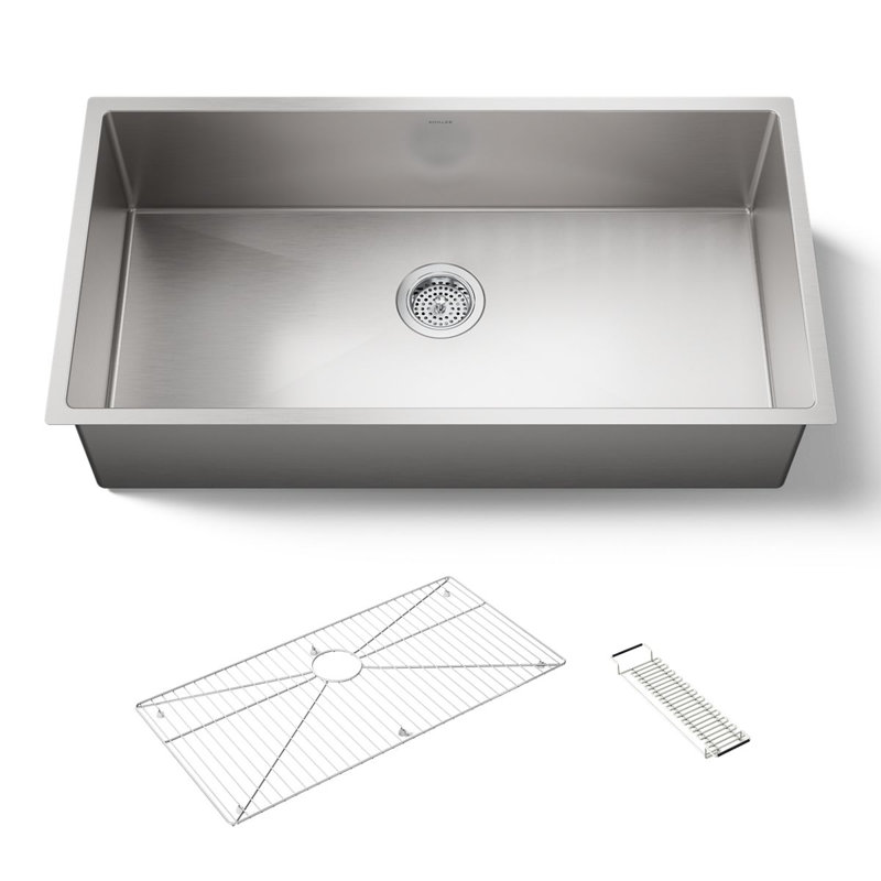 Strive 35" L x 18-5/16" W x 9-5/16" Under-Mount Extra-Large Single Bowl Kitchen Sink with Basin Rack