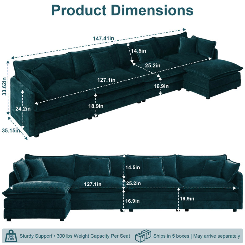 Canapé modulaire en U en forme de U, canapé convertible 4 places en chenille avec repose-pieds pour le salon, Bleu